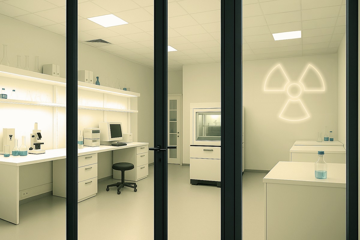 Strahlenschutz-Labor mit Strahlenschutz-Glastür. Das gelbliche Bleiglas der Fenster schützt vor Röntgen- und Gammastrahlung, erlaubt aber vollen Einblick.