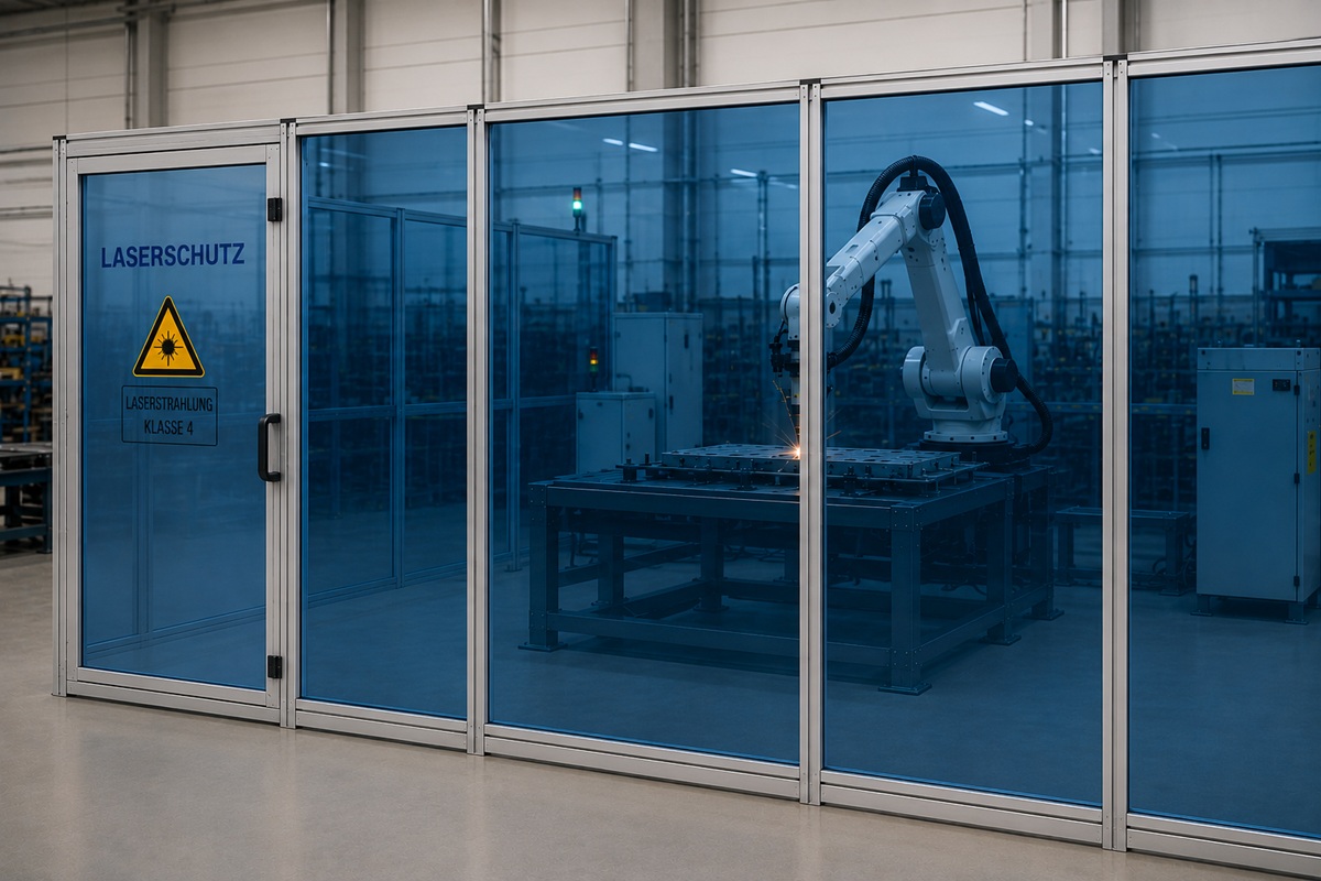 Roboter beim Laserschweißen hinter einer Laserschutzwand aus gläsernen Laserschutz-Platten