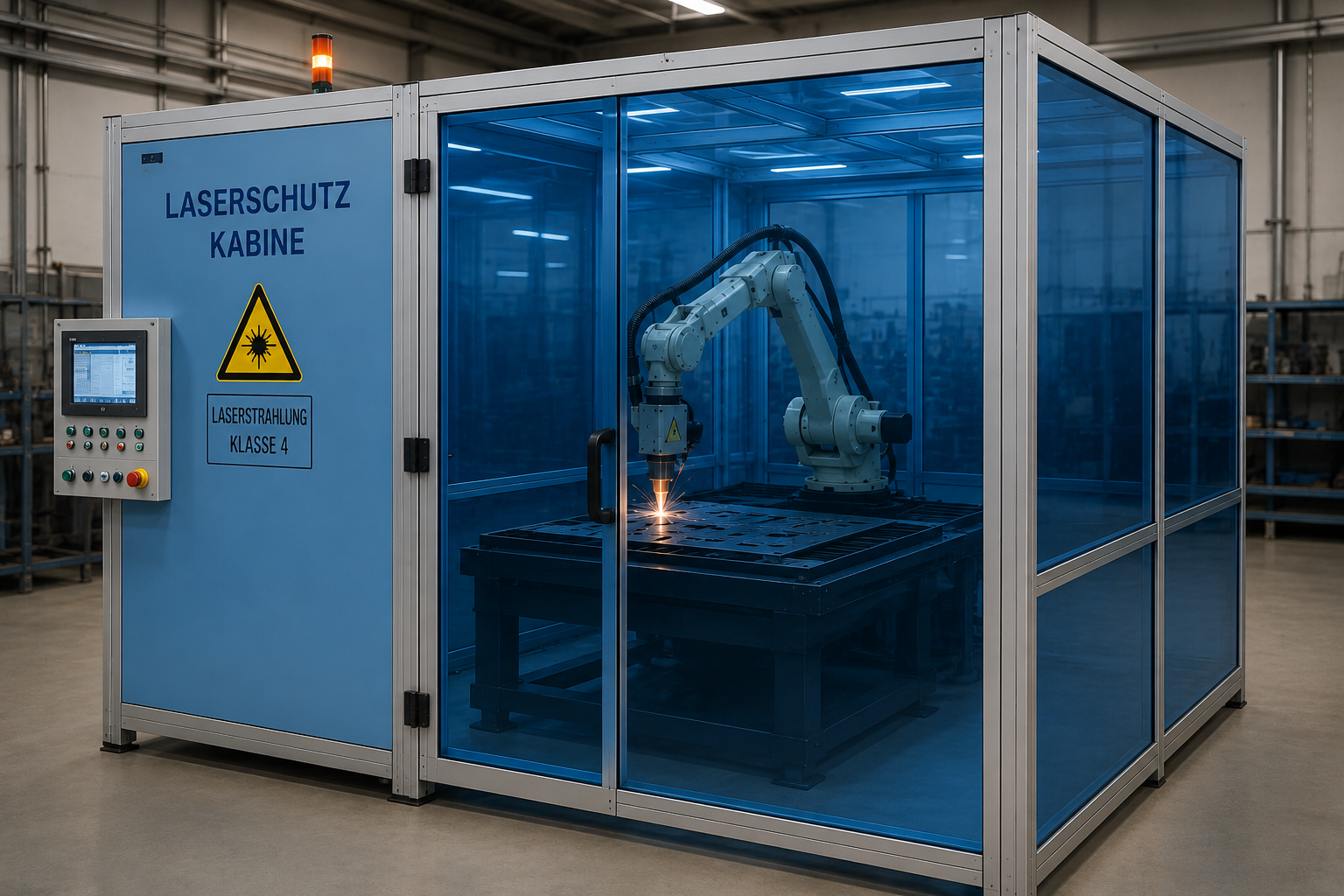 Eine Laserschutzkabine aus speziellem Laserschutzglas. Hier schneidet ein Roboter mit einem Laser der Klasse 4 Teile aus einem Stahlblech heraus. KI-generiertes Anwendungsbeispiel.